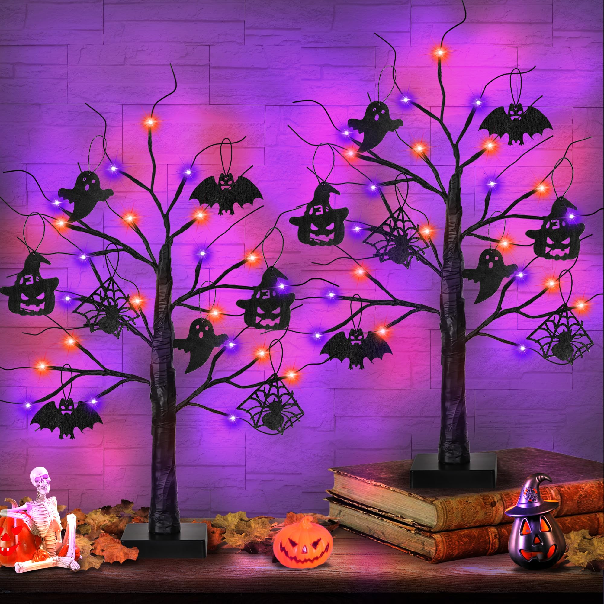 2 Pack 24 Inch Black Halloween Tree with 24 LED Purple Lights, Timer/USB/Battery Operated Halloween Table Decorations Lighted Tree, Cute Halloween Decorations Indoor Home Decor Party Room